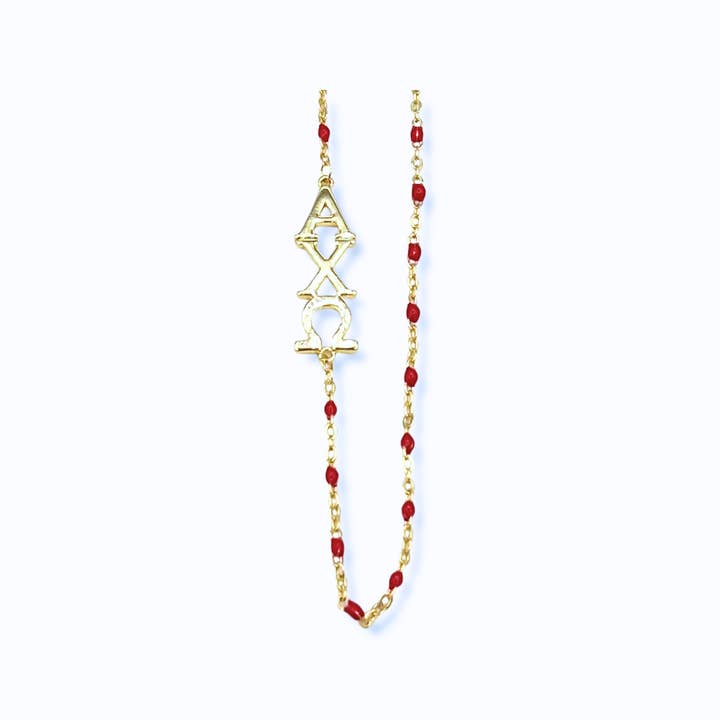 Red The Alpha Chi Omega Necklace: Side Set ΑΧΩ Enamel Bead Necklace for wholesale on Faire
