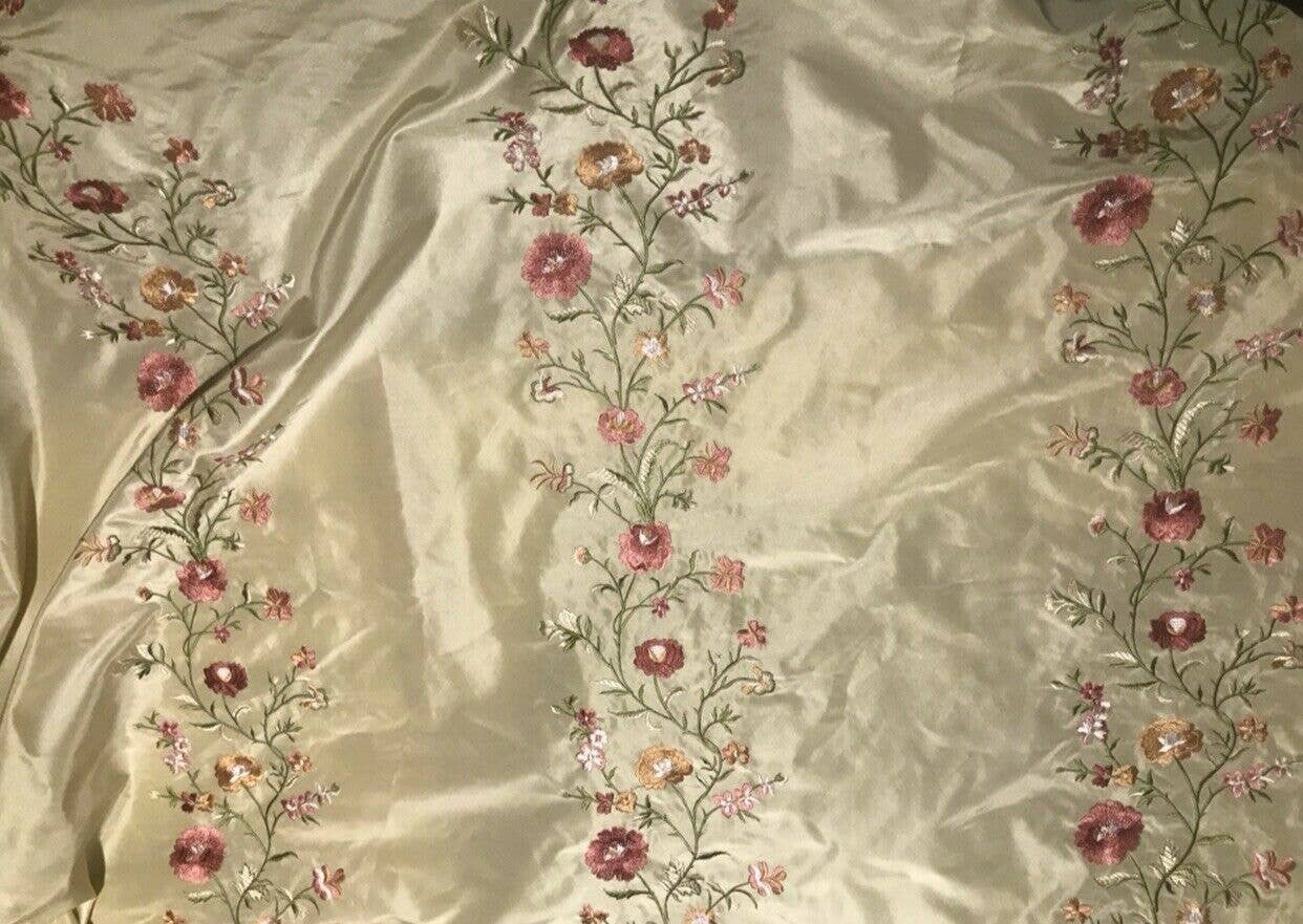 Fancy Styles Fabric - Wholesale Fabric - 1 Yard Remnant- Designer 100% Silk Dupioni Embroidery Floral Fabric- Beige1