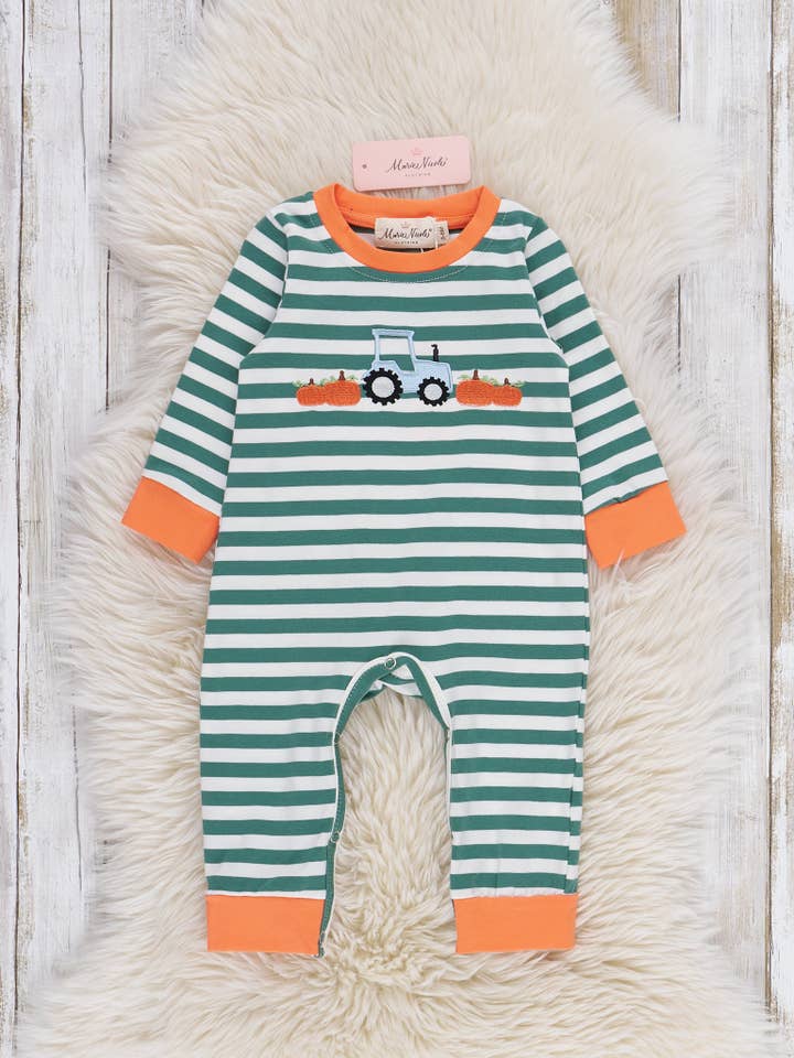 Pumpkin Tractor Express Striped Romper for wholesale by Marie Nicole Clothing