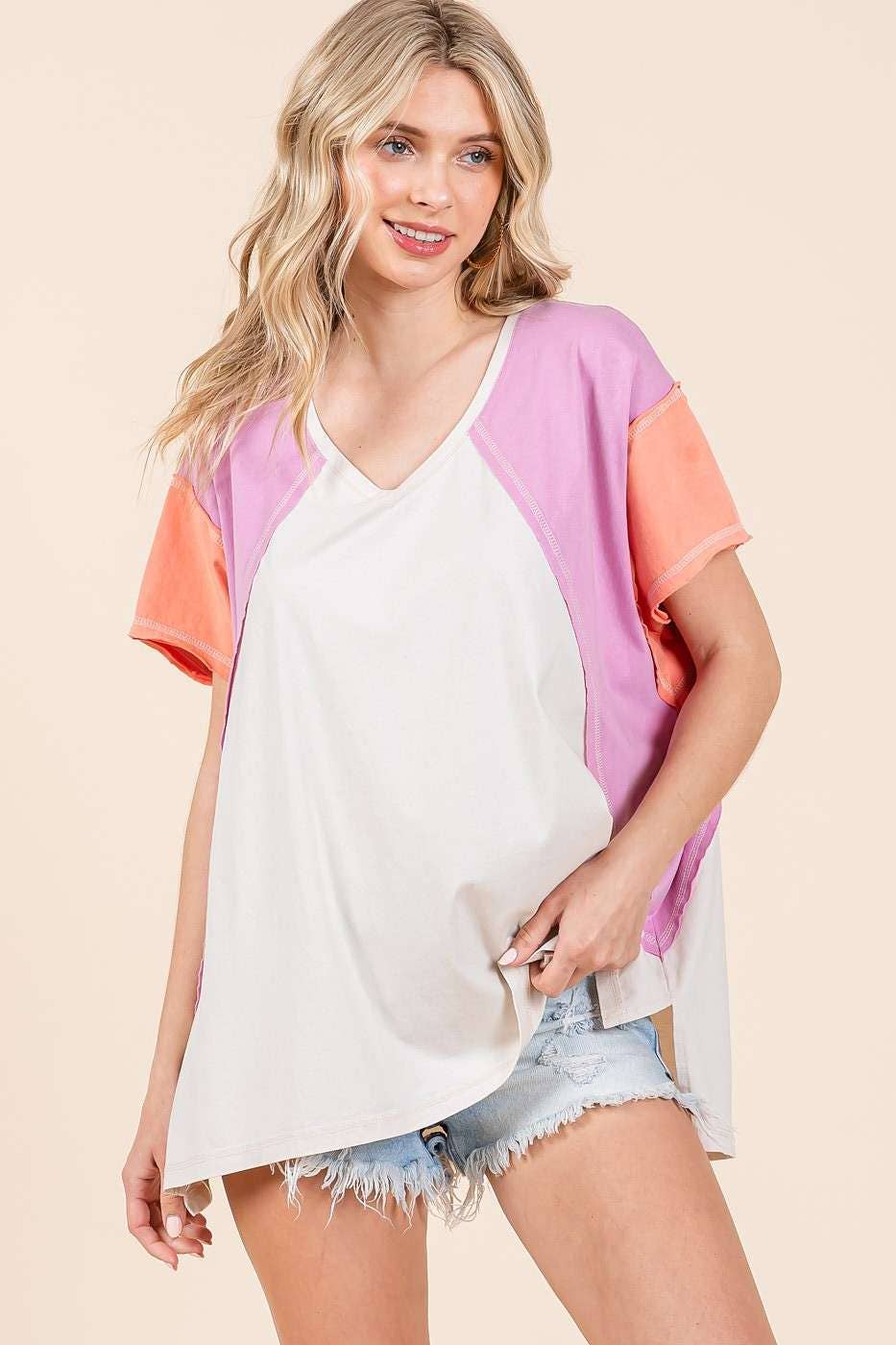 mittoshop – Túnica - Mulher por atacado – TOP DE MALHA DE MANGA CURTA EM BLOCO COLORIDO DE GRANDES DIMENSÕES16