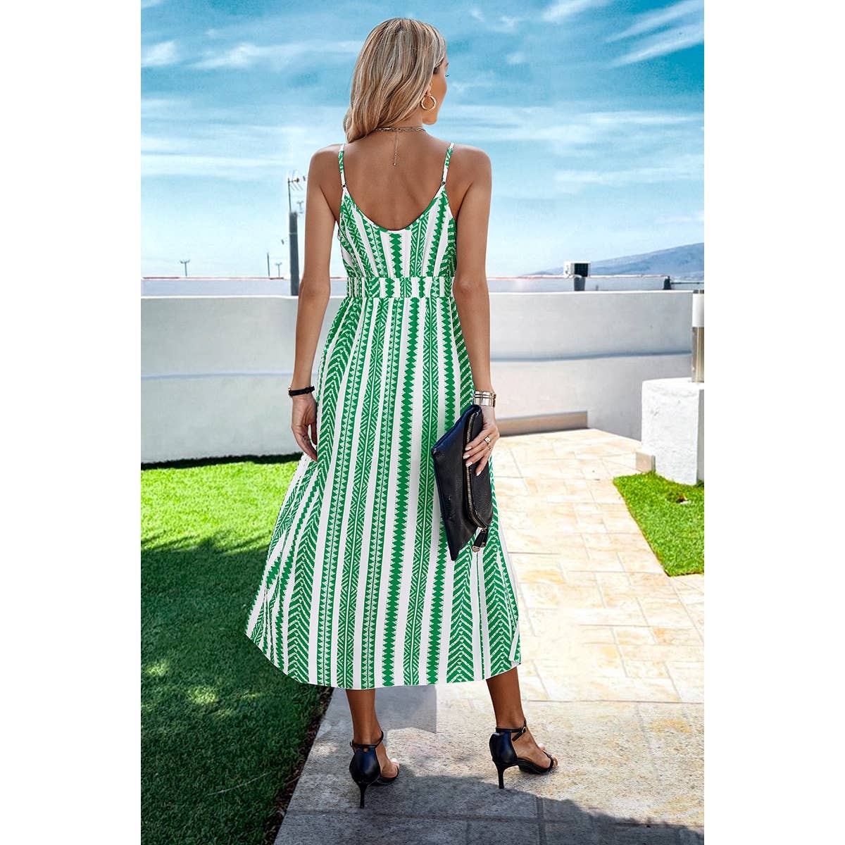 V-hals geometrische print split dij mouwloze cami jurk voor je