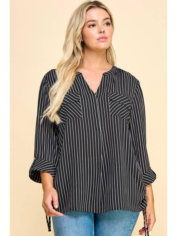 BLACK PLUS SIZE 3/4 BUTTON TAB SLV MANDARIN COLLAR TOP G9303788GX for wholesale on Faire