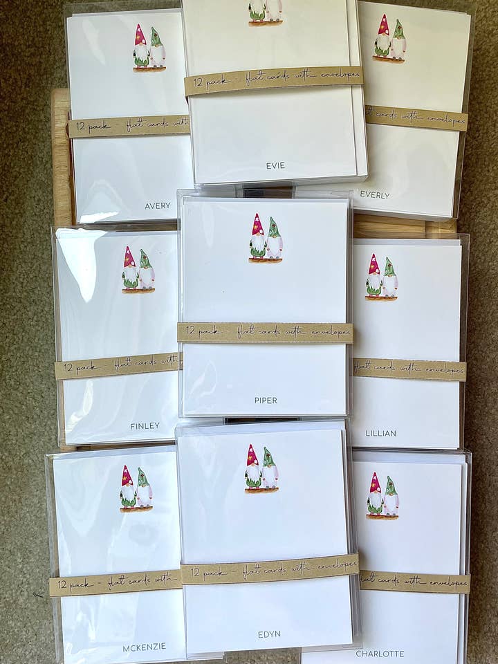 12 Pack - A2 Flat Stationary Set - PERSONALIZED NAME Gnomies for wholesale by Kristin Schmidt Artist