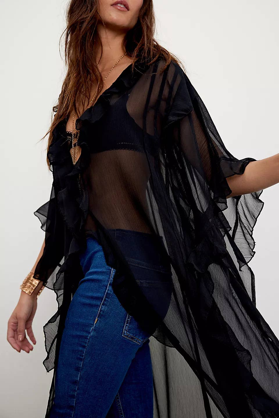 Rosa Clothing - Wholesale Jacket - Women's - Boho lightweight sheer ruffle maxi top duster kimono jacket6