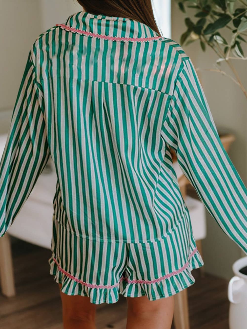 Stripe Long Sleeve Shirt Ribbon Drawstring Shorts 2 Pcs Set for wholesale on Faire1
