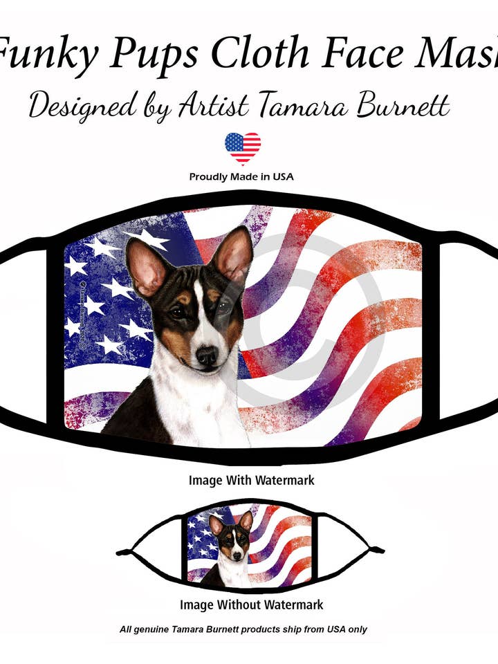 Basenji - Maschera tricolore per cuccioli patriottici per la vendita all'ingrosso da parte di Pet Gifts USA, LLC