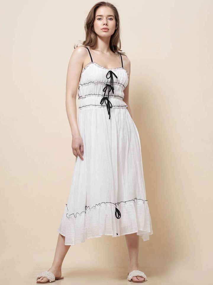 Ladies String Tie Sleeveless Color Block Midi Dress SKD51204 for wholesale by Sweetkama