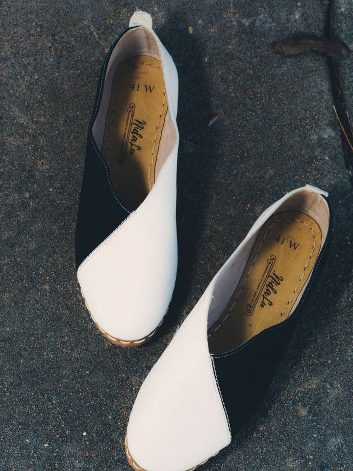 Lu Loafers in White Leather & Black Nubuck for wholesale by Nidalu Handmade