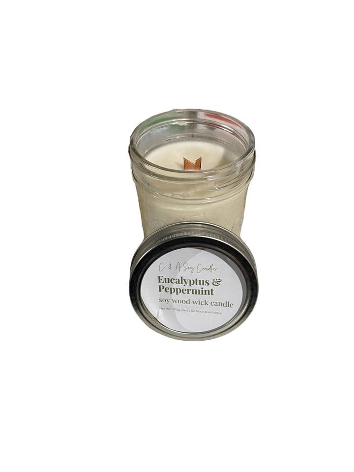 Eucalyptus & Peppermint Vegan, Soy & Wood-Wick Candle - 6 Oz for wholesale by C & A Soy Candles, LLC