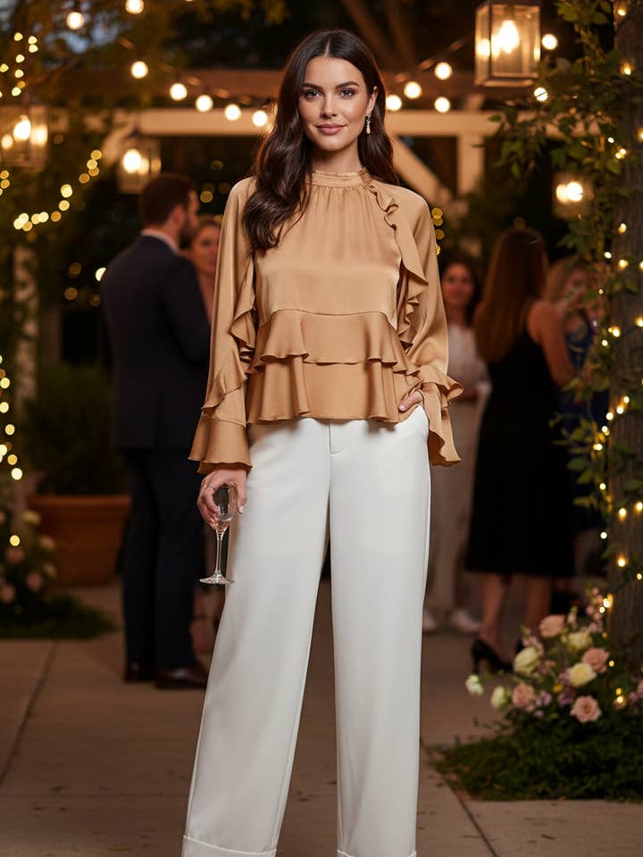 Satin Mock Neck Ruffled Long Sleeve Blouse for wholesale by RUBIENN