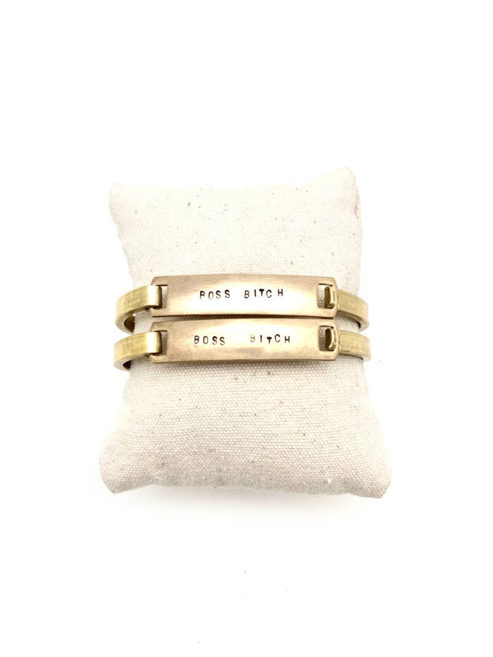 "Boss Bitch" Stamped Clip-Cuff Brass Bracelet for wholesale by Stone Cooper