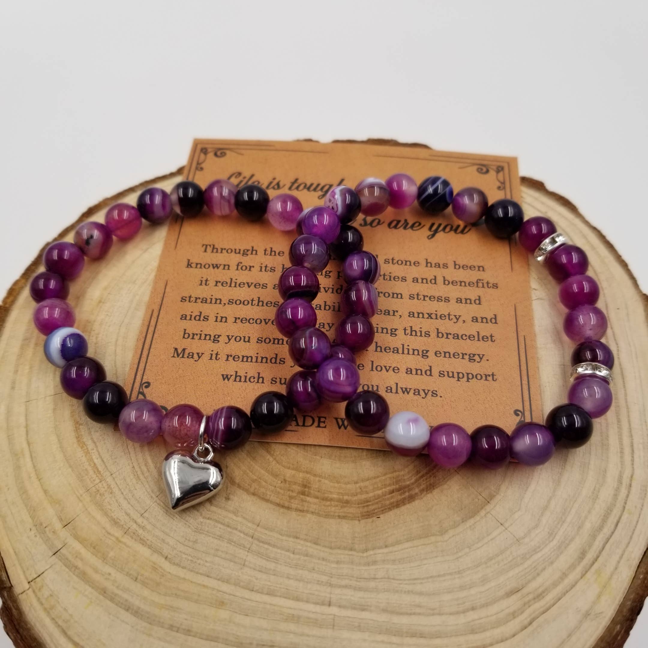 CHAKRA JEWELRY - Wholesale Jewelry Set - Natural Purple Agate Heart Bracelet Set With Card1