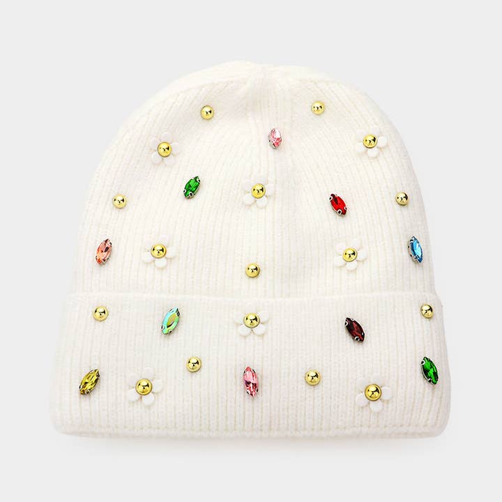 Wona Trading, Inc. - Wholesale Beanie - Women's - Fleece Lining Daisy Flower Stone Solid Knit Beanie Hat