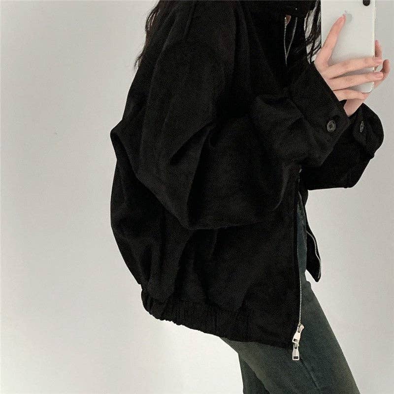 FurDecoration – Großhandel Jacke – Damen – Vintage-Pulloverjacke aus Wildleder mit zwei Reißverschlüssen in Uni-Farbe3