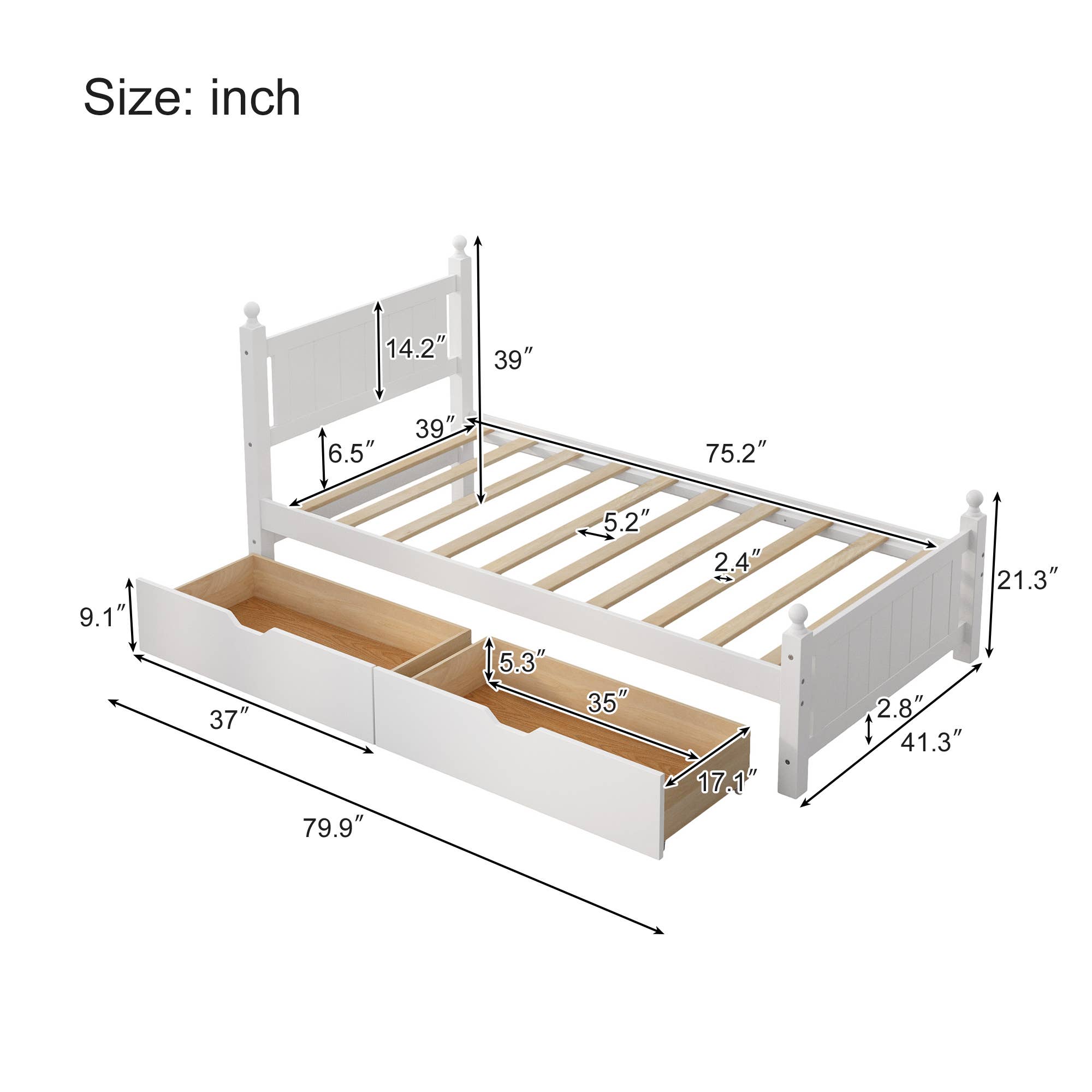 White Twin Size Solid Wood Platform Bed Frame with 2 Drawers for wholesale on Faire3