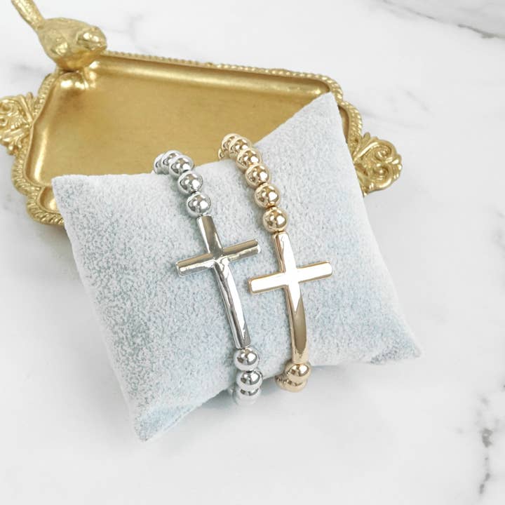 PennyLine inc - Wholesale Beaded Bracelet - Minimal Cross Ball Beads Stretchy Bracelet - Gold Silver tones