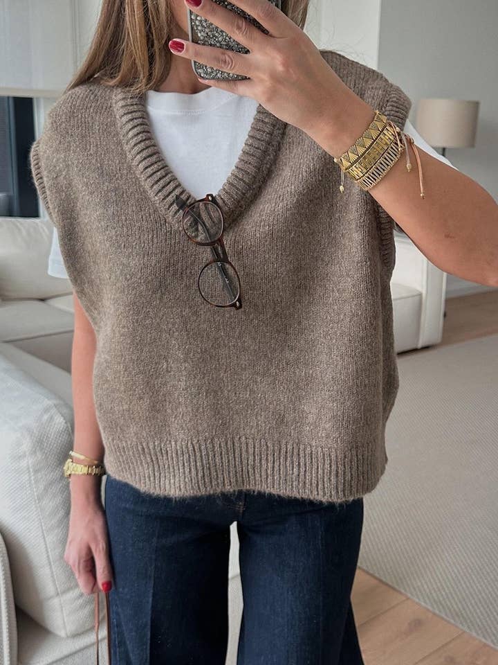 KHAKI CWOSWSL00163_SOLID V NECK LOOSE KNIT VEST SWEATER for wholesale on Faire1