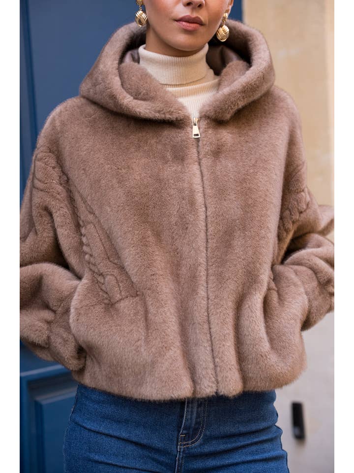 Attentif Paris - Wholesale Fur/Faux Fur Coat - Women's - Short coat with hood in faux fur with braided details18