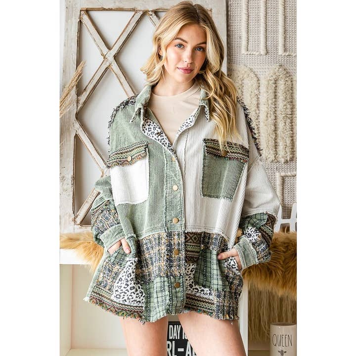 WASHED MIX MEDIA POCKET CROPPED CORDUROY SHACKET for wholesale by Oli&Hali