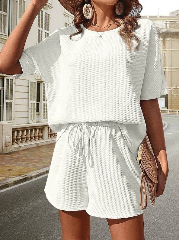 Miss Sparkling - Wholesale Lounge Set - Women's -  Textured Shorts Set - Drawstring at Waist9