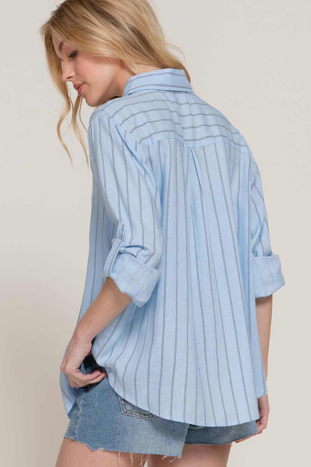 Active Basic | Active USA - Wholesale Button Down Shirt - Women's - Long Sleeve Button Down Stripe Linen Oversized Shirt2