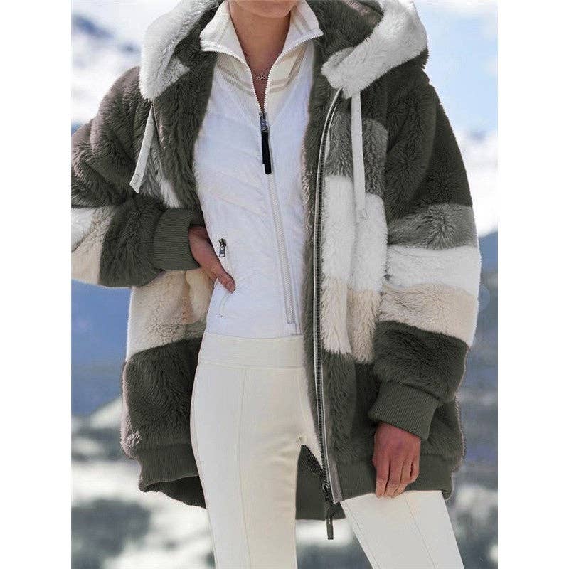 Ekartini - Vendita all'ingrosso Pelliccia/Pelliccia sintetica - Donna - Giacca invernale da donna alla moda in peluche patchwork con tasca con cerniera Giacca invernale con cappuccio Cappotto a maniche lunghe allentato retrò9