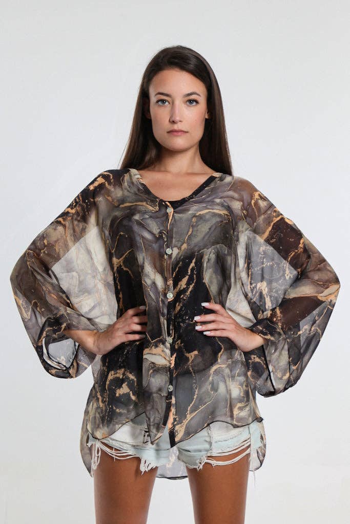 TINA Stephens Italy/Tees By Tina – Engroshandel Skjorte med buttondown – til kvinder – Rosana Marmor Silke Sheer Bluse m/Tank (BQ240M)