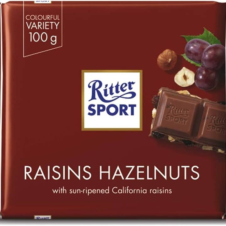 Ritter Sport Bar Rosiner Hasselnødder Chokolade 100 g 12 stk for engroshandel hos Snacky Candy