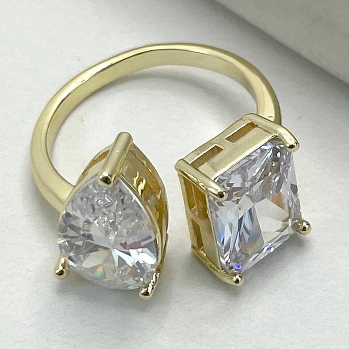 DIJU Jewelry - Wholesale Multi-Stone Ring - 18k Gold Filled Adjustable Square & Drop Zirconia Ring Whole0