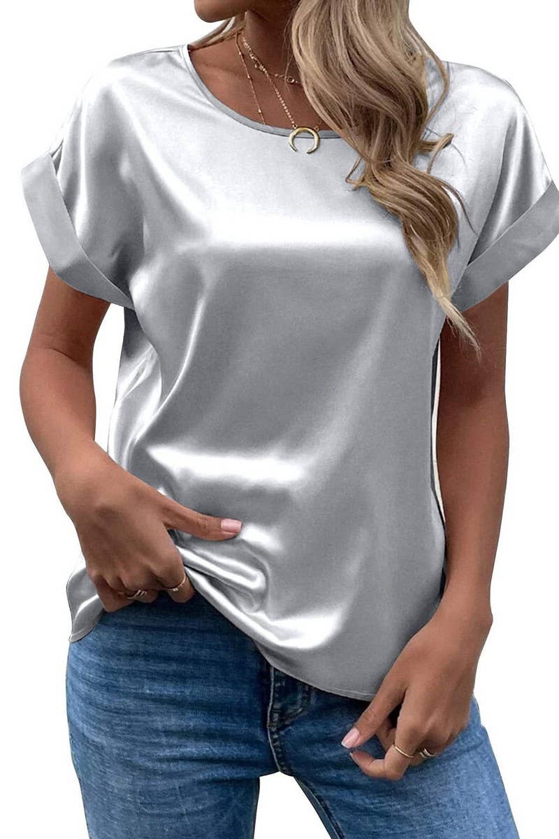 NINEXIS - Wholesale Blouse - Women's - CWTBLS1775_SATIN ROUND NECK LOOSE SHORT-SLEEVED TOP13