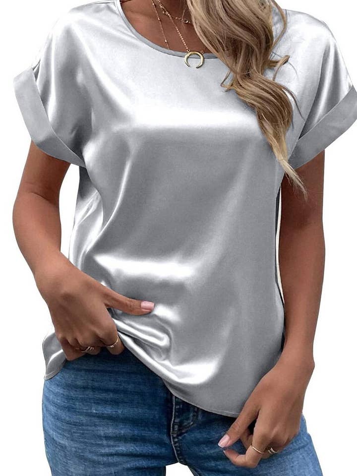 NINEXIS - Wholesale Blouse - Women's - CWTBLS1775_SATIN ROUND NECK LOOSE SHORT-SLEEVED TOP13