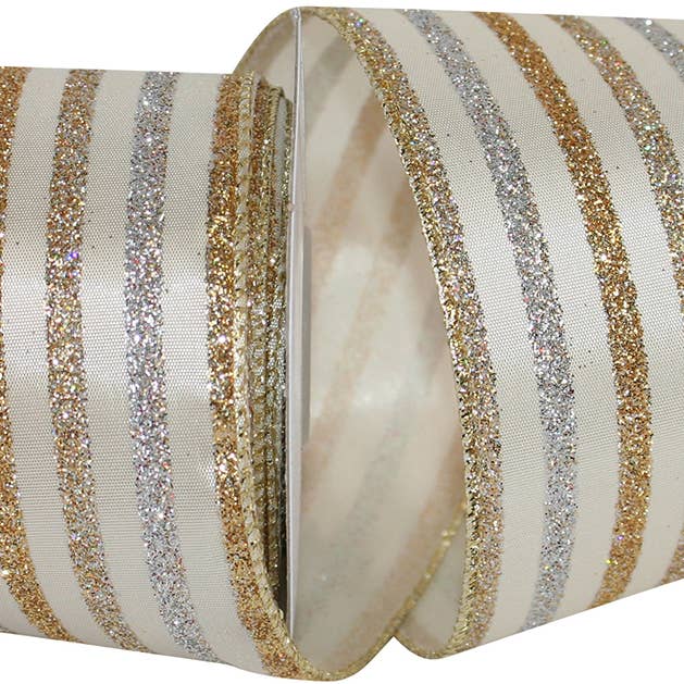 Champagne Stripe Wired Edge, Ivory, 2-1/2 In, 10 Yards for wholesale by RELIANT RIBBON