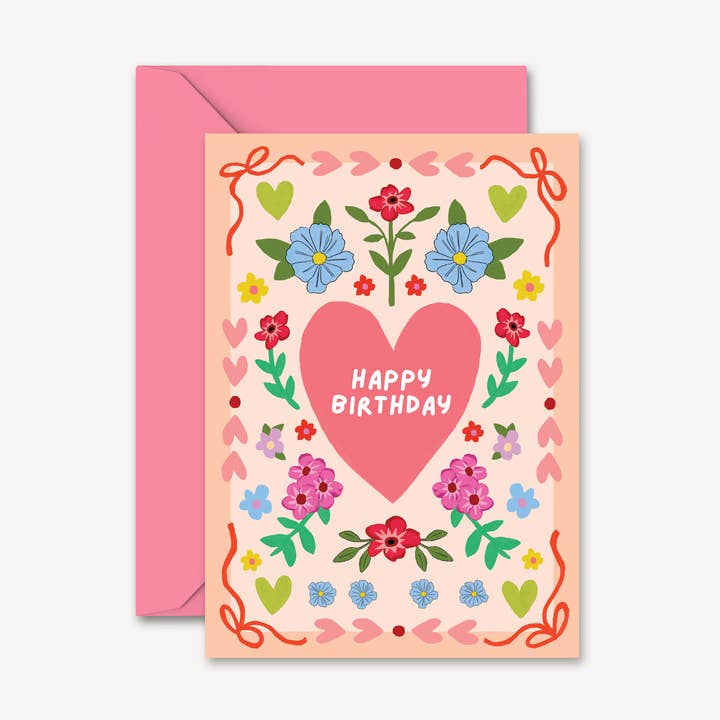 Happy Birthday Card | Illustrated Floral Folk Heart for wholesale by Natalie Lea Owen