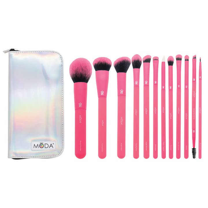 MŌDA® Totally Electric Make-up-Pinsel-Set, neonrosa, 13-teilig für den Großhandel von Royal Brush Mfg. Inc.