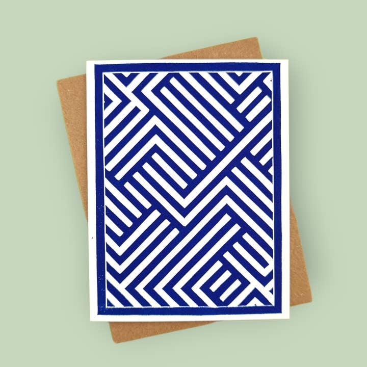 Handprinted linocut abstract lines folded card for wholesale by Winter Pickle Press