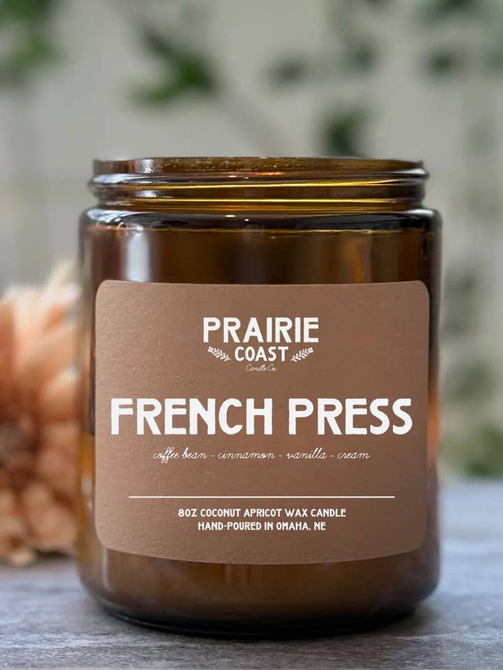 French Press- Coconut Soy Wax Candle (8oz) for wholesale by Prairie Coast Candle Co.