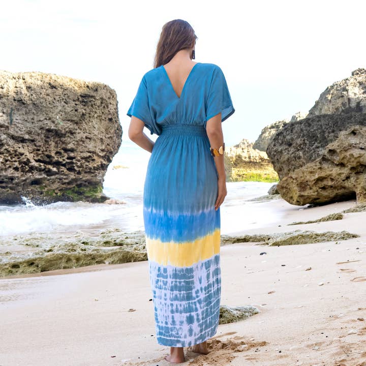 Suzie Blue Canada - Wholesale Dress - Women's - Beach Stripe & Tie Dye Maxi Dress In Grey2