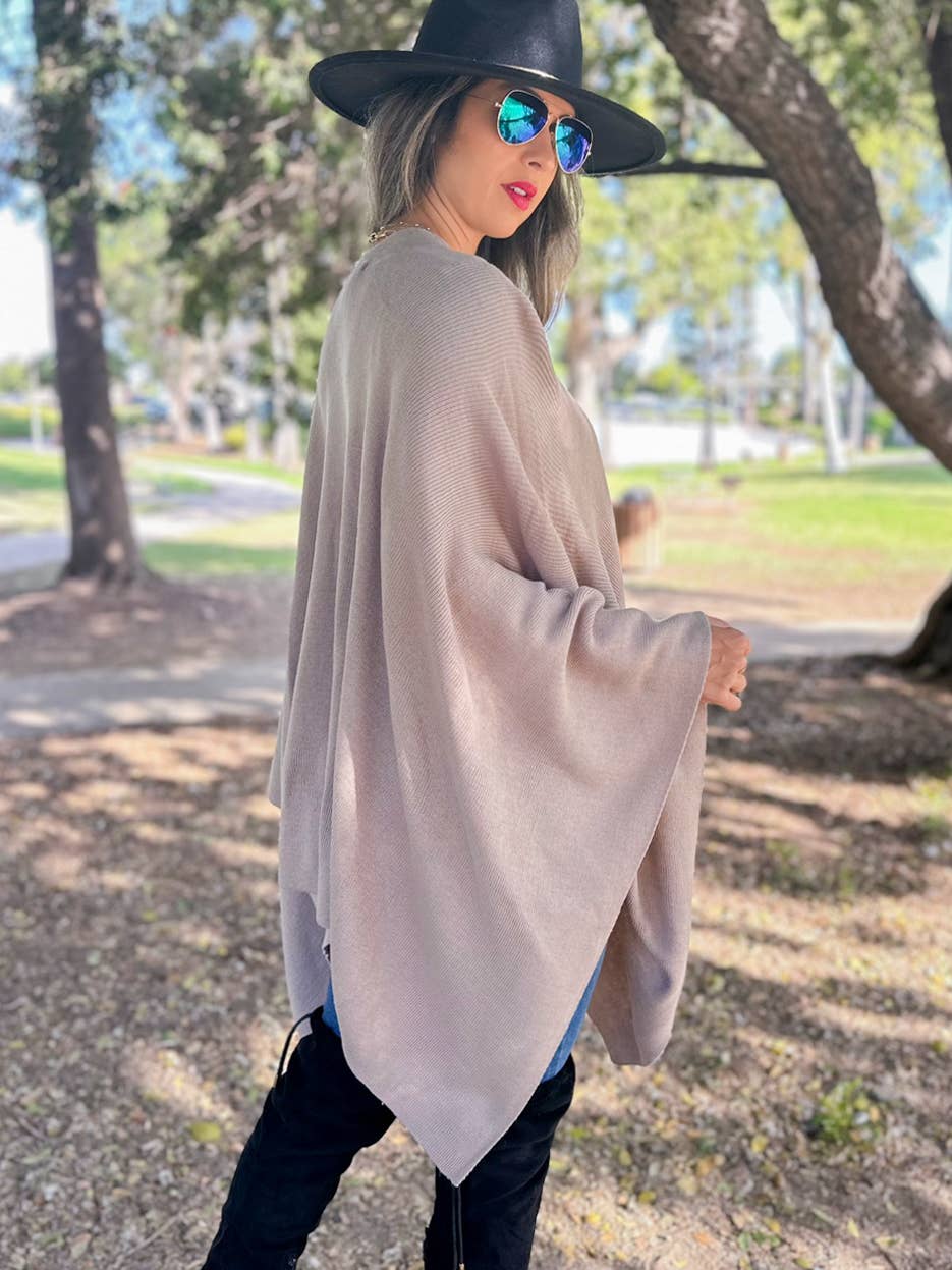Taupe Solid Knit Ruana Shawl with Shoulder Strap for wholesale on Faire7