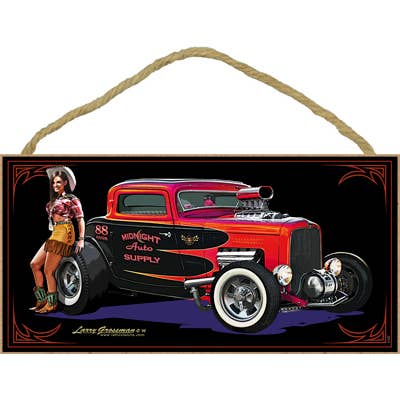 Deuce red car with western chick 5" x 10" wood plaque, sign for wholesale by SJT Enterprises, Inc.