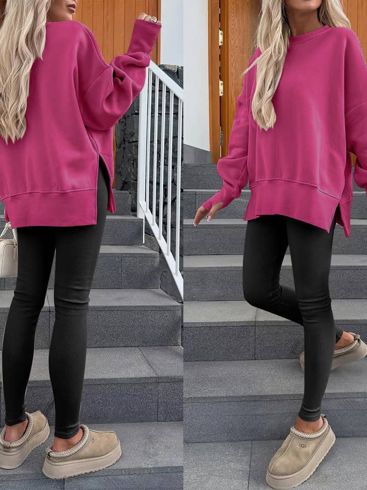 HIDDENBRAND - Wholesale Sweatshirt - Women's - Athleisure Side Slit Round Neck Long Sleeve Sweatshirt6