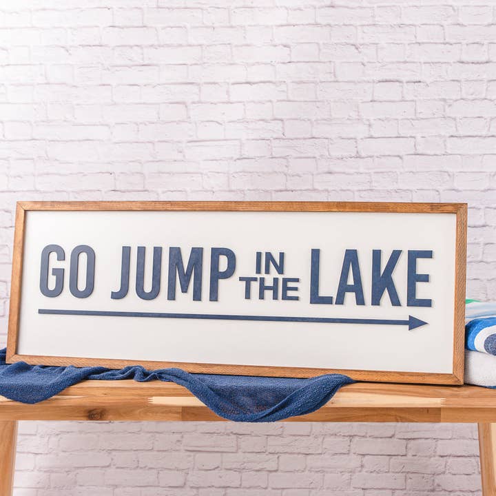Nail and Hook Laser Cut Home Decor - Wholesale Sign - Go Jump in the Lake | 13x35 inch Wood Sign | Lake House Sign2