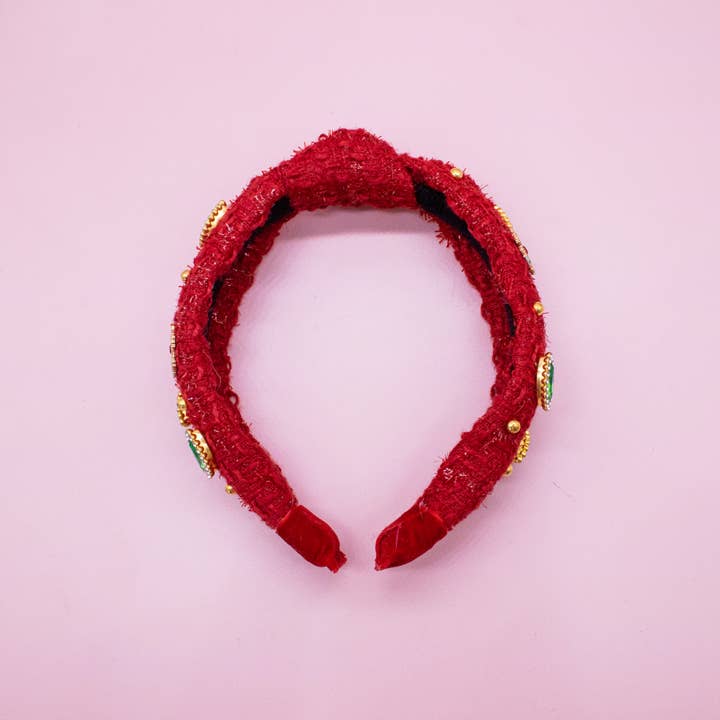 Frog Sac - Wholesale Fashion Headband - Kids - Embellished Christmas Knot Headband - Tweed Rhinestone Pearl