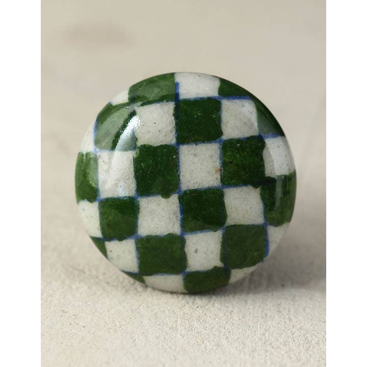 KNOBCO - Wholesale Knob/Pull - Handmade Round Green and White Checkerboard Ceramic Cabinet Knob | Furniture Door Ceramic Knobs |Ceramic Knob