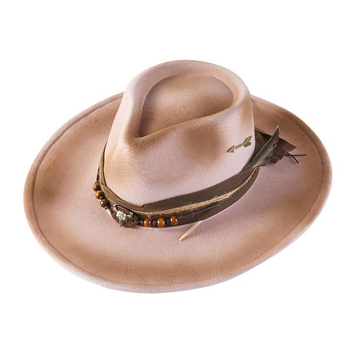 Sensibling Corp. - Wholesale Cowboy Hat – Women’s - Steer Head Arrow Accent Feather Beaded Band Rustic Vintage Distressed Western Cowgirl Fedora Hat1
