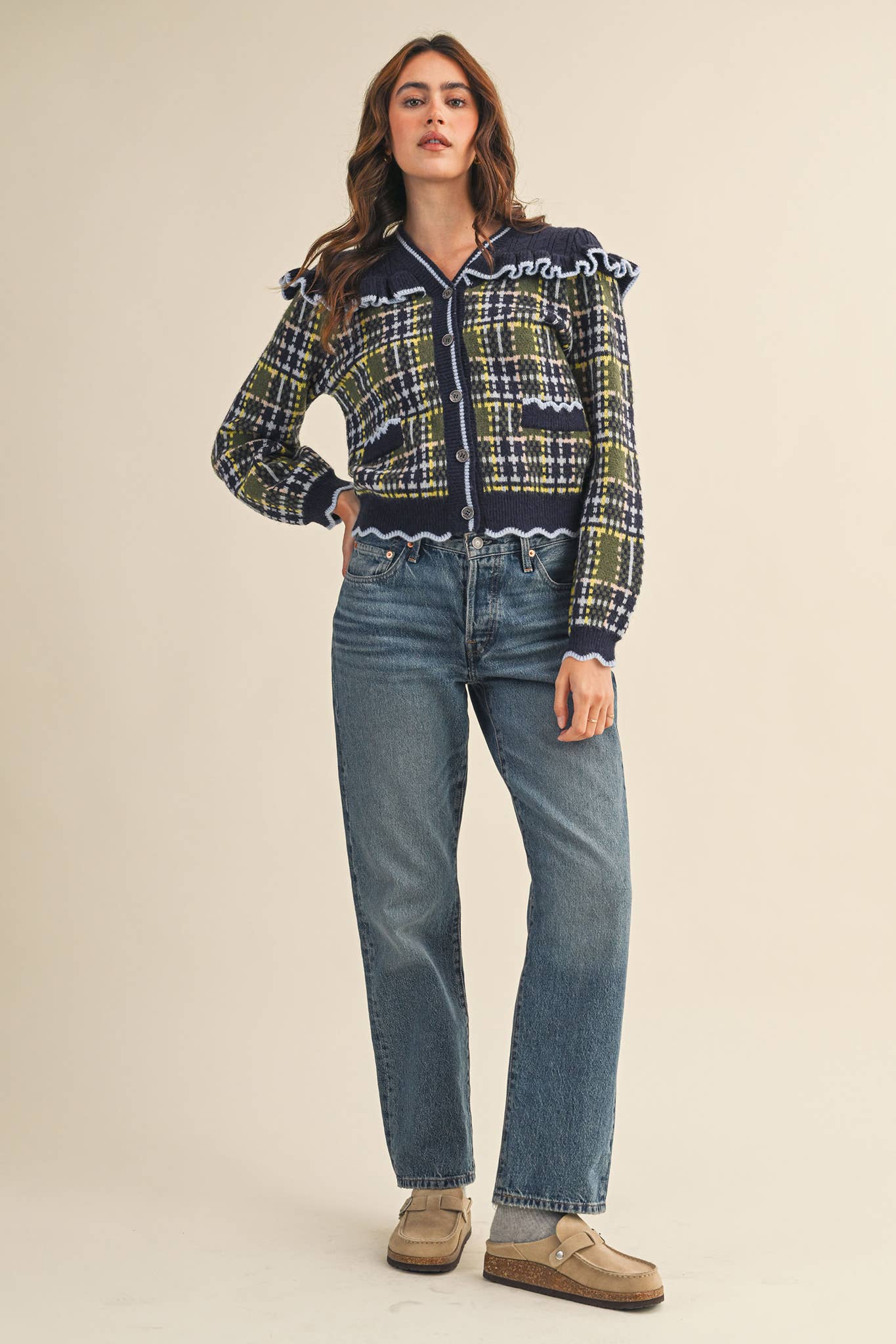 &MERCI - Wholesale Cardigan - Women's - RUFFLED YOKE PLAID SWEATER CARDIGAN MSW1118516
