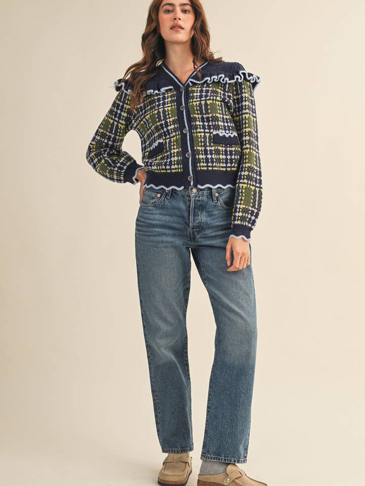 &MERCI - Wholesale Cardigan - Women's - RUFFLED YOKE PLAID SWEATER CARDIGAN MSW1118516