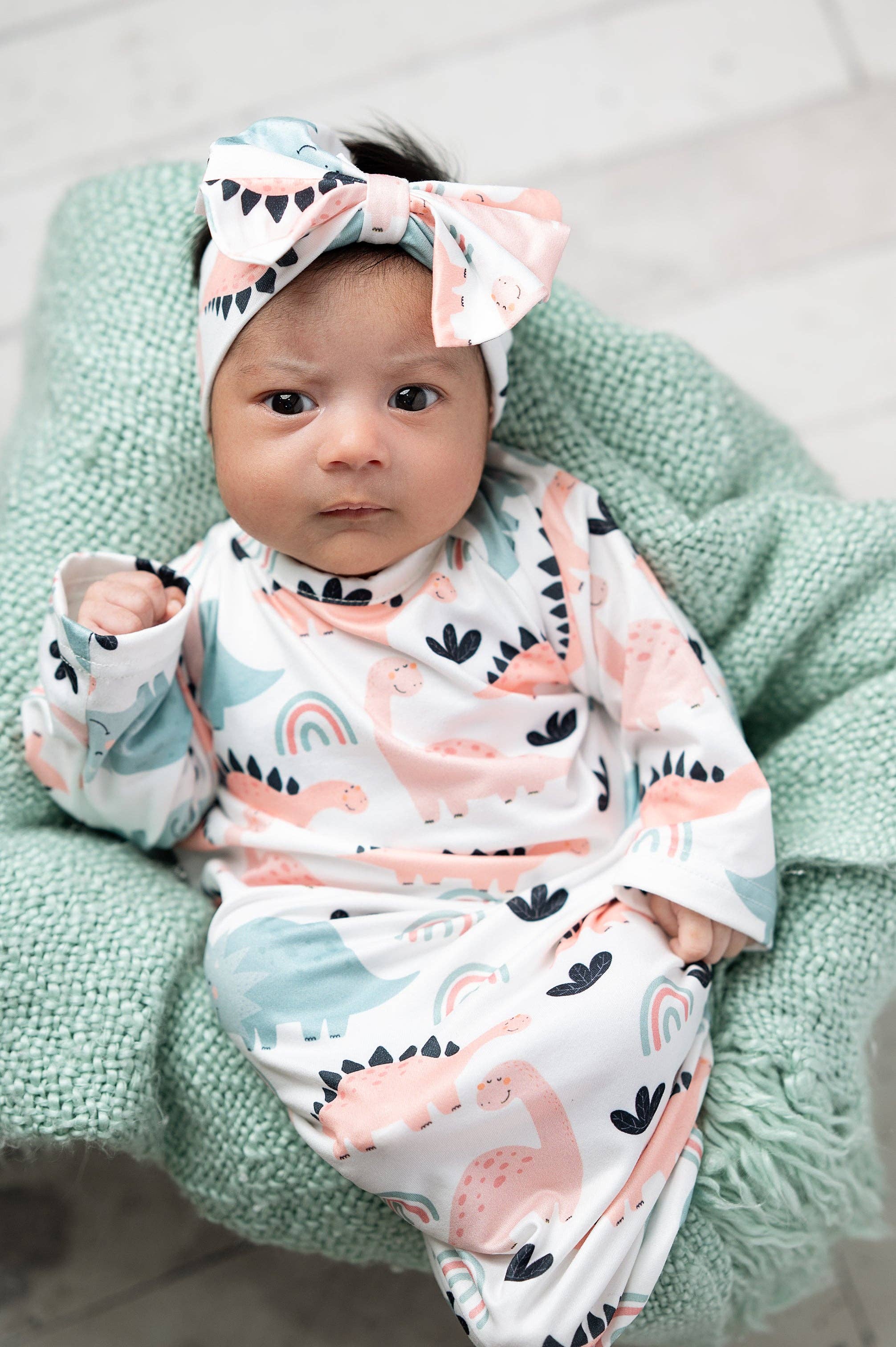 Adorable Sweetness - Wholesale Babygown - Baby - Infant Girls Pastel Dino Baby Gown and Bow Headband Set