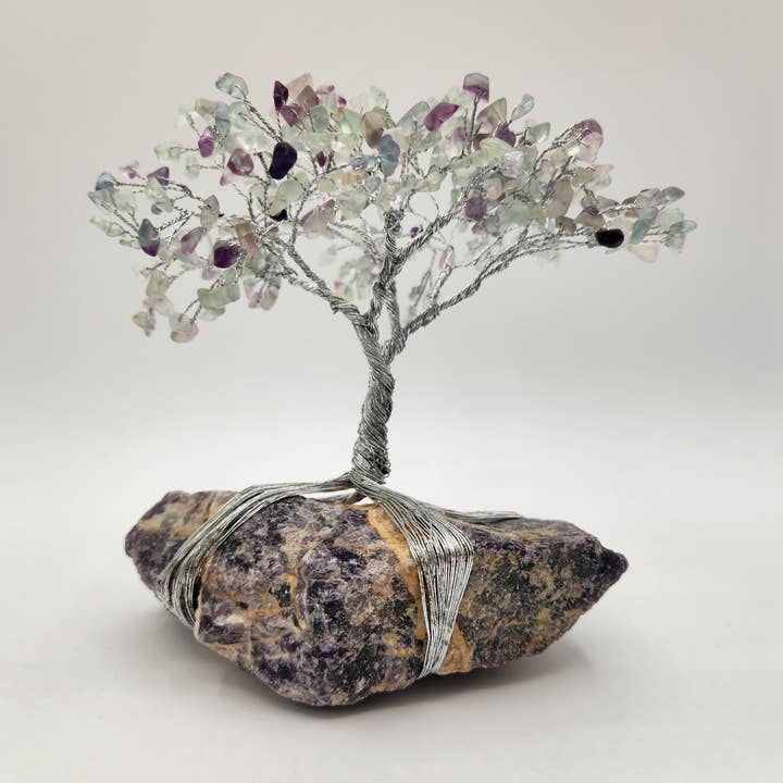 Gemstone Tree-Rainbow Fluorite w/Amethyst Base Silver Wire for wholesale by Meraki Gemstones