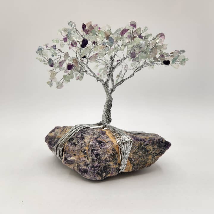 Gemstone Tree-Rainbow Fluorite w/Amethyst Base Silver Wire for wholesale by Meraki Gemstones