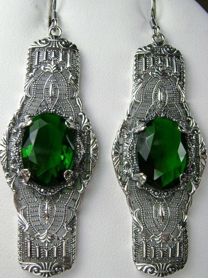 Green Emerald Earrings, Oval Castle, Elegant Vintage Jewelry #E4 for wholesale by Silver Embrace Jewelry
